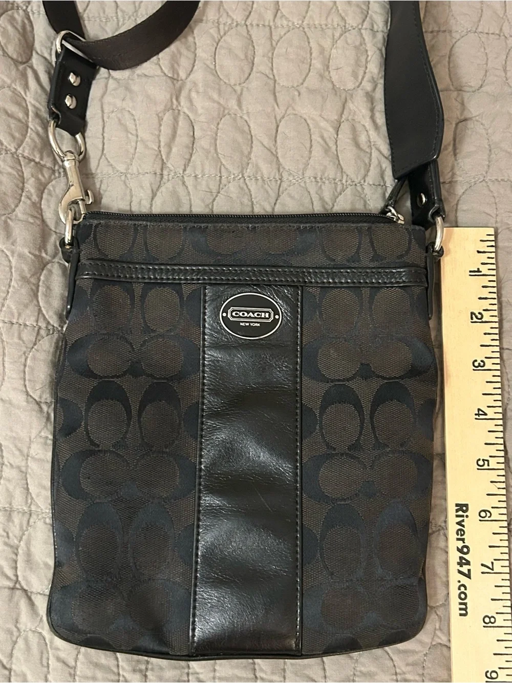 Coach Signature Black Jacquard File Crossbody Bag Leather Trim